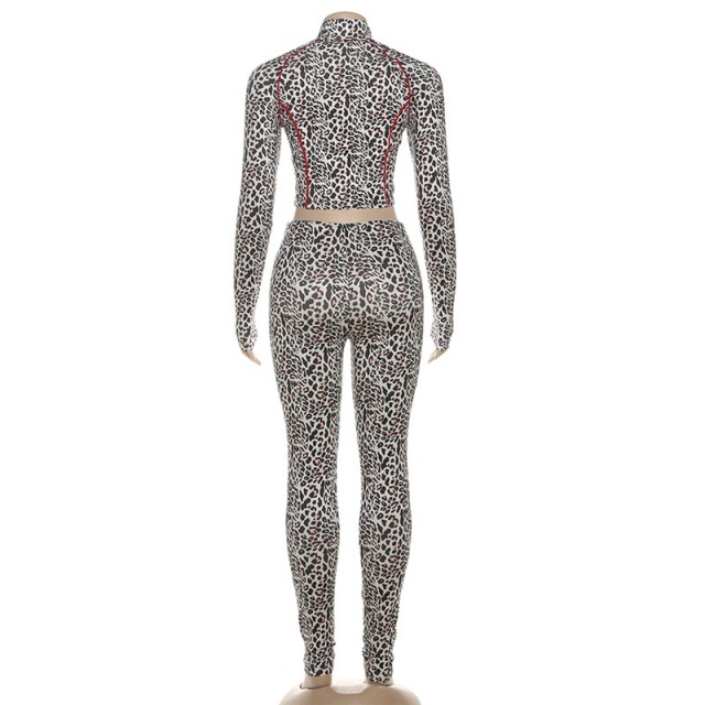 Leopard Printed Zipper Up Top Skinny Legging Set