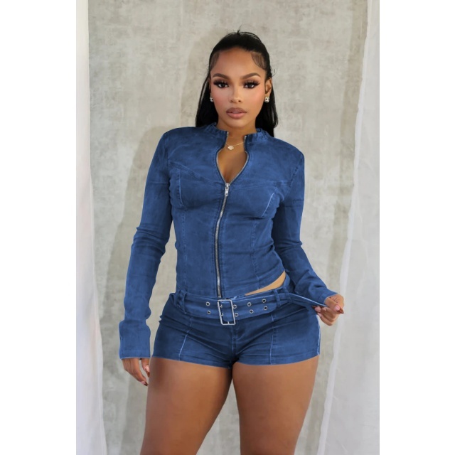 Washed Denim Zip Up Top Short Set