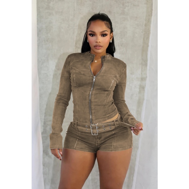 Washed Denim Zip Up Top Short Set