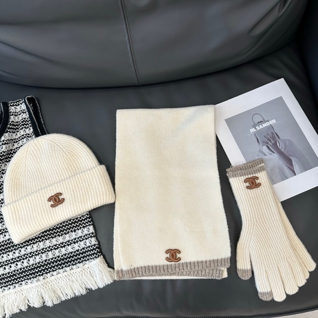 Colorblock Knitting Beanie Hats Scarf Gloves Set