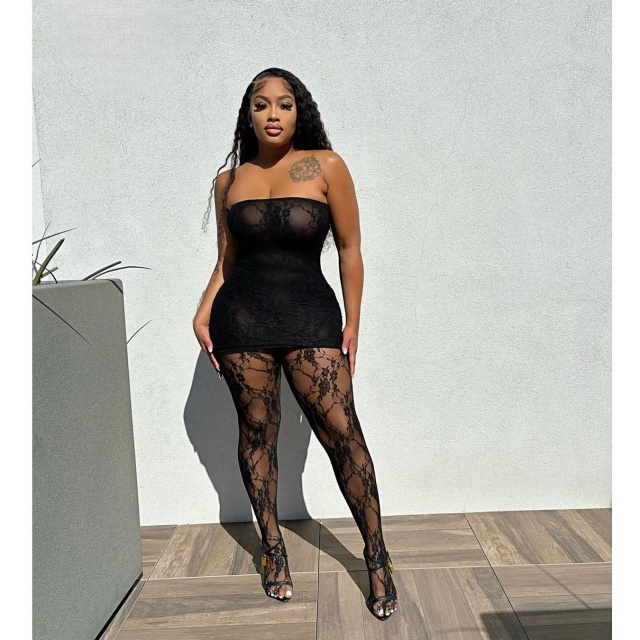 Sheer Mesh Lace Tube Top Lingerie Dress Socking Set