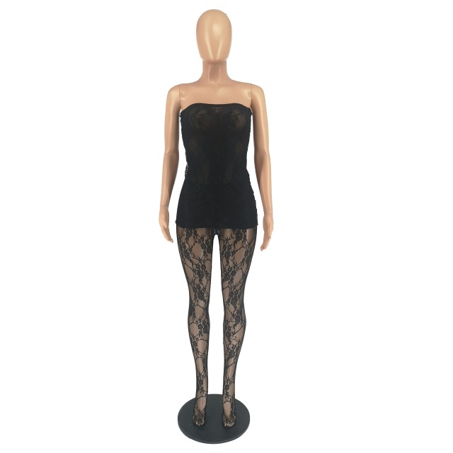 Sheer Mesh Lace Tube Top Lingerie Dress Socking Set
