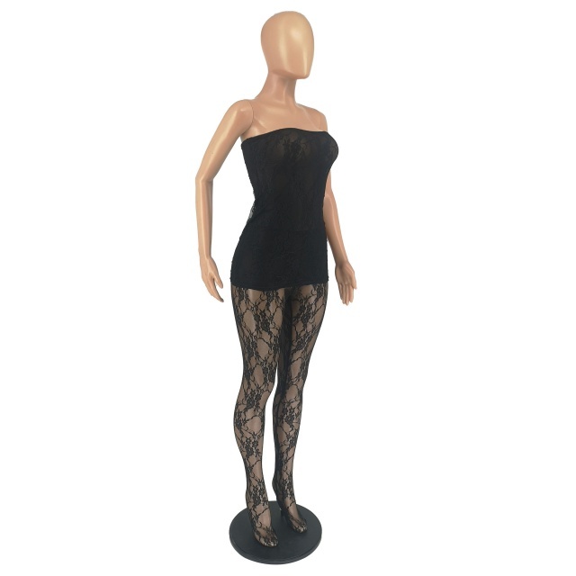 Sheer Mesh Lace Tube Top Lingerie Dress Socking Set