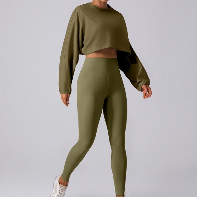 Activewear Style Solid Color Cropped Top Tight Pant Set