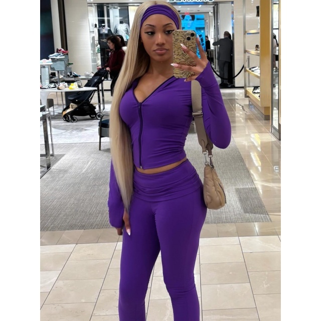 Basic Style Zipper Up Bell Pant Set (with headscarf)