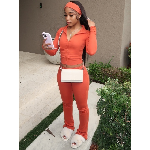 Basic Style Zipper Up Bell Pant Set (with headscarf)