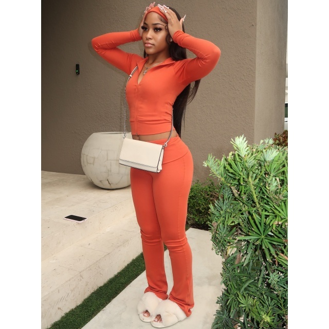 Basic Style Zipper Up Bell Pant Set (with headscarf)