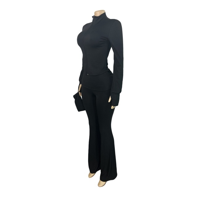 Basic Style Zipper Up Bell Pant Set (with headscarf)
