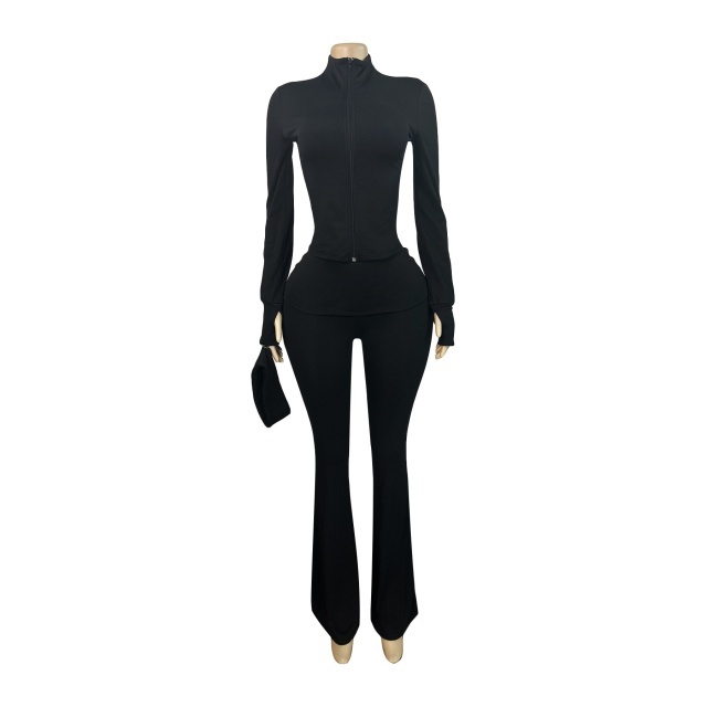 Basic Style Zipper Up Bell Pant Set (with headscarf)
