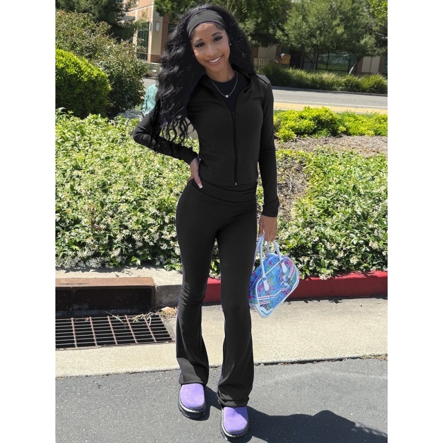 Basic Style Zipper Up Bell Pant Set (with headscarf)