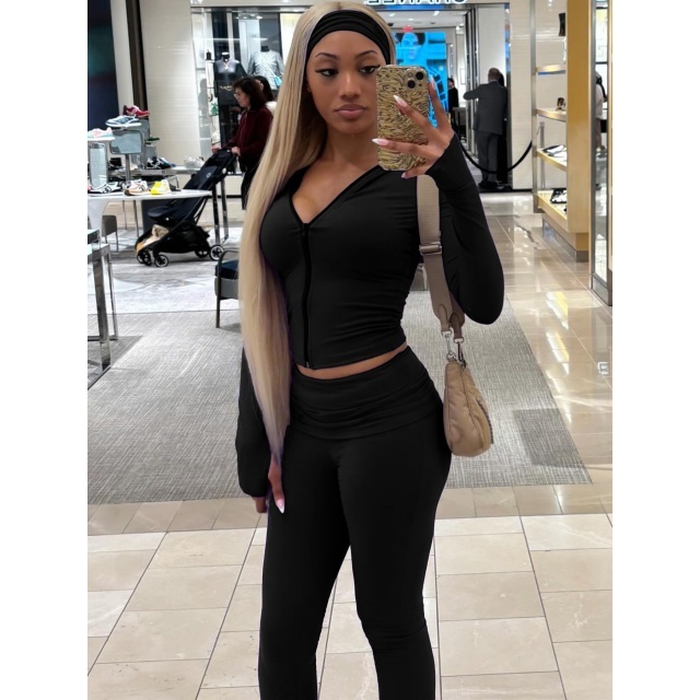 Basic Style Zipper Up Bell Pant Set (with headscarf)