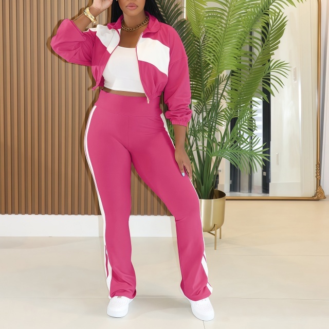 Colorblock Striped Zipper Jacket Top Bell Pant Set