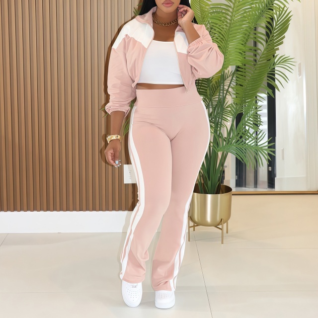 Colorblock Striped Zipper Jacket Top Bell Pant Set