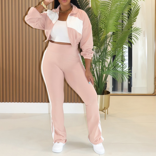 Colorblock Striped Zipper Jacket Top Bell Pant Set