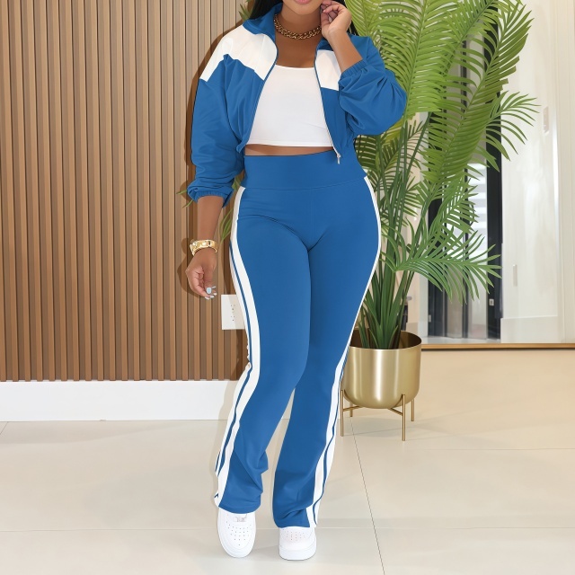 Colorblock Striped Zipper Jacket Top Bell Pant Set