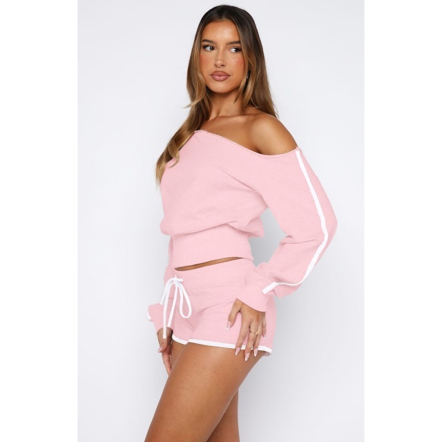 Off Shoulder Striped Fashion Two Pieces Short Set