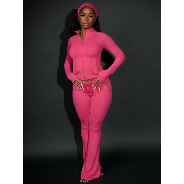 Solid Color Basic Style Activewear Yoga Bell Pant Set (with headscarf)