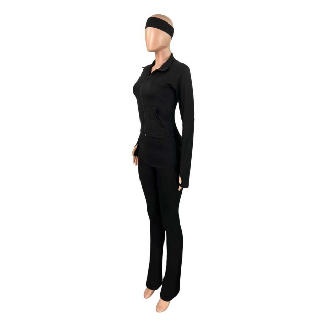 Solid Color Basic Style Activewear Yoga Bell Pant Set (with headscarf)