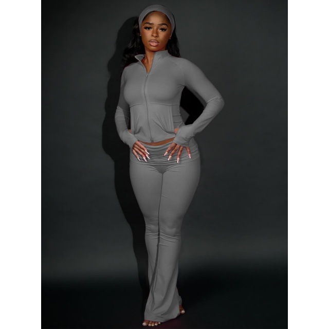 Solid Color Basic Style Activewear Yoga Bell Pant Set (with headscarf)