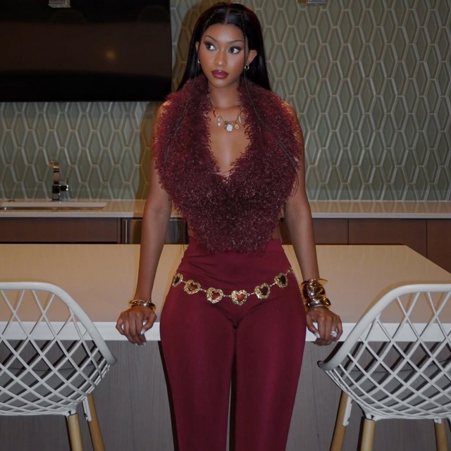Furry V Neck Backless Top Tight Pant Set