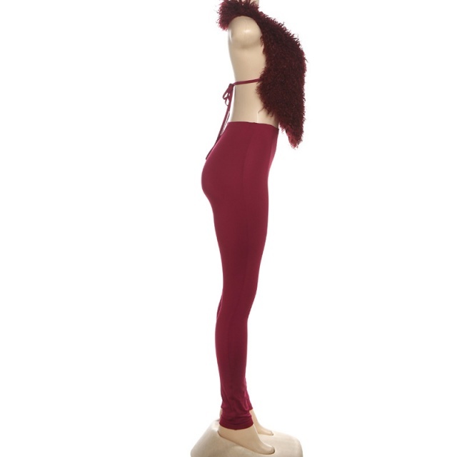 Furry V Neck Backless Top Tight Pant Set