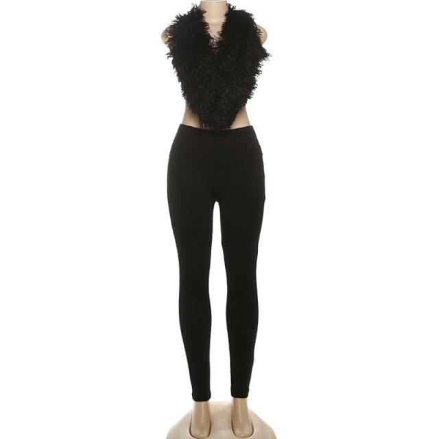 Furry V Neck Backless Top Tight Pant Set