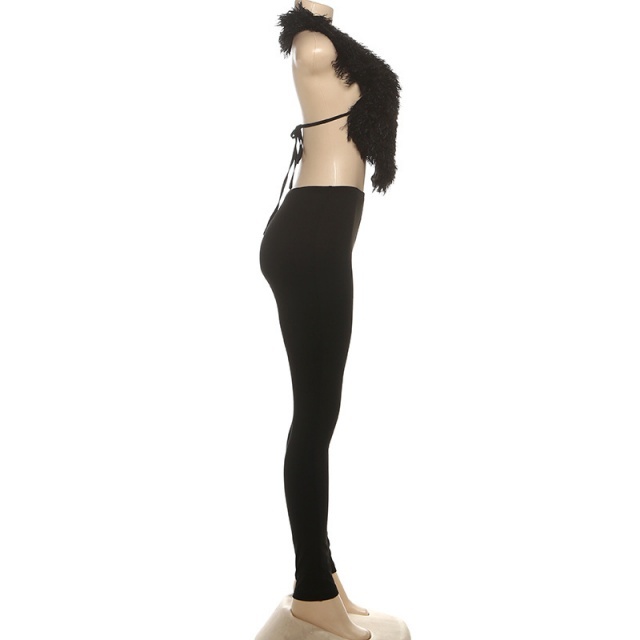 Furry V Neck Backless Top Tight Pant Set