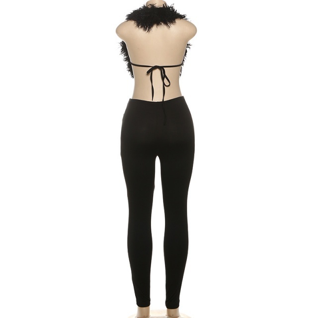 Furry V Neck Backless Top Tight Pant Set