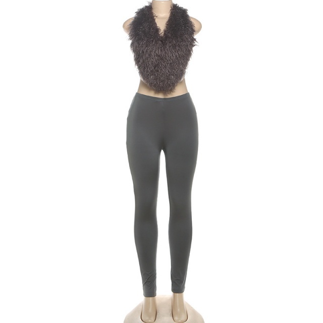 Furry V Neck Backless Top Tight Pant Set
