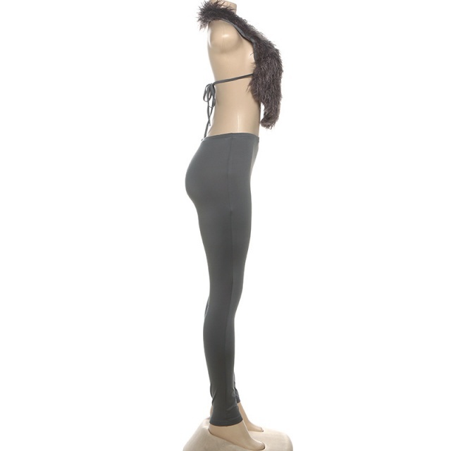 Furry V Neck Backless Top Tight Pant Set