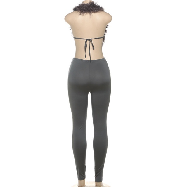 Furry V Neck Backless Top Tight Pant Set