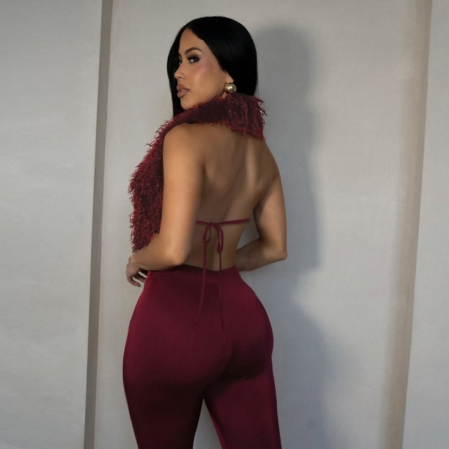 Furry V Neck Backless Top Tight Pant Set