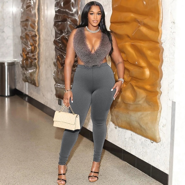 Furry V Neck Backless Top Tight Pant Set