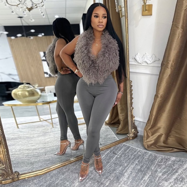 Furry V Neck Backless Top Tight Pant Set