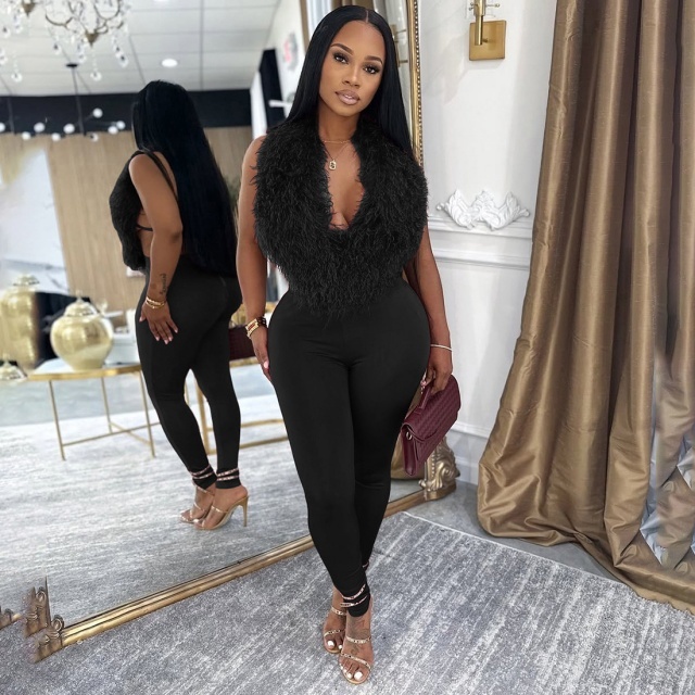 Furry V Neck Backless Top Tight Pant Set