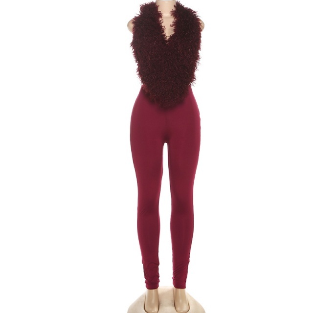 Furry V Neck Backless Top Tight Pant Set