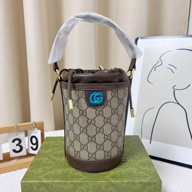 Leather Metal Logo Crossbody Bucket Bags