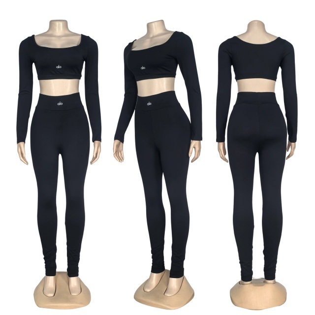 Embroidery Long Sleeve Crop Top High Waist Yoga Pants Set