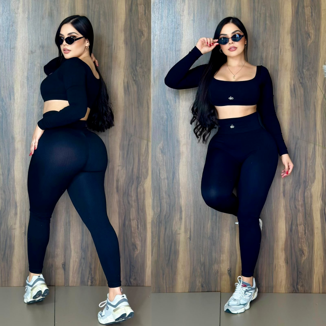 Embroidery Long Sleeve Crop Top High Waist Yoga Pants Set