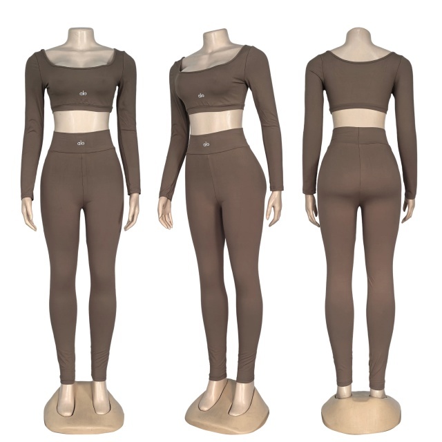 Embroidery Long Sleeve Crop Top High Waist Yoga Pants Set