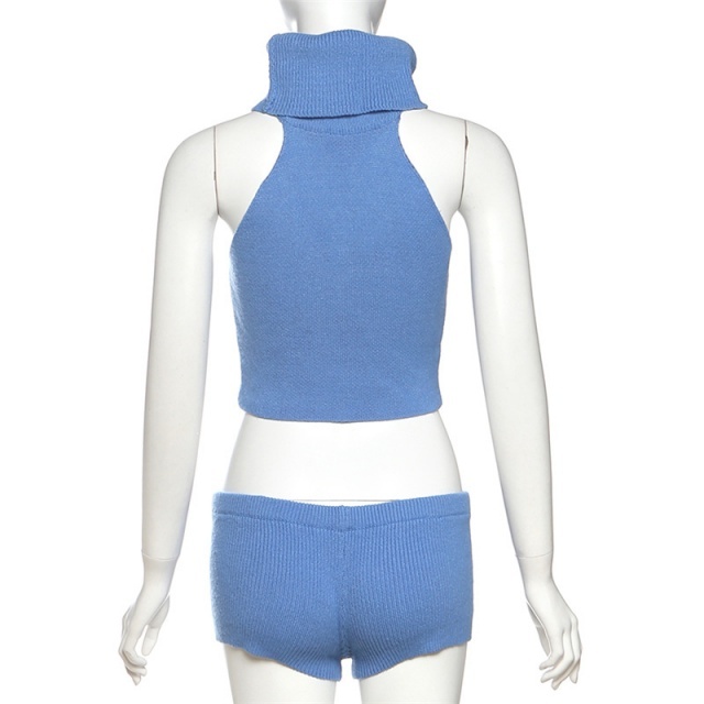Knitting High Neck Tank Top Mini Short Set