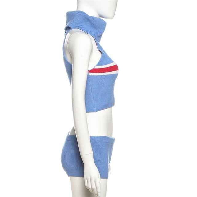 Knitting High Neck Tank Top Mini Short Set