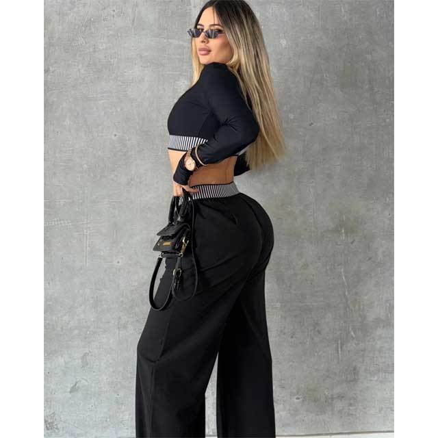 Fashion Long Sleeve Crop Top Bell Pants Set