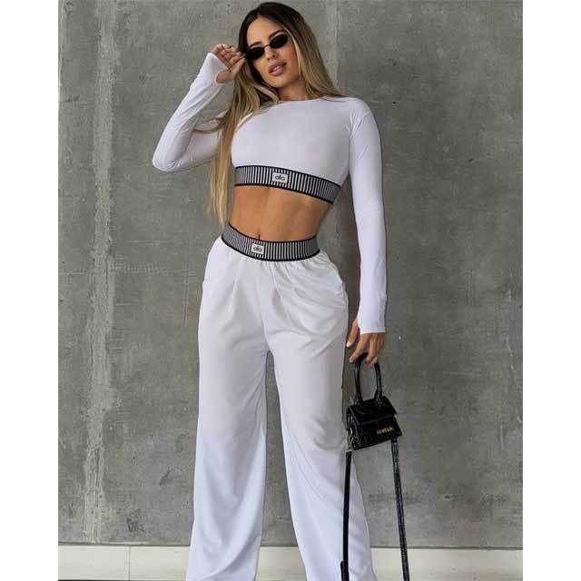 Fashion Long Sleeve Crop Top Bell Pants Set