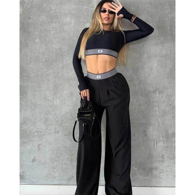 Fashion Long Sleeve Crop Top Bell Pants Set