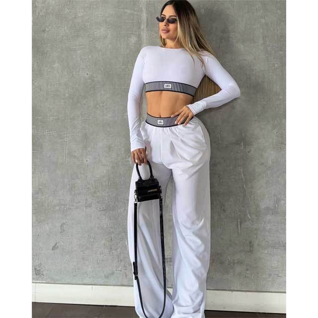 Fashion Long Sleeve Crop Top Bell Pants Set