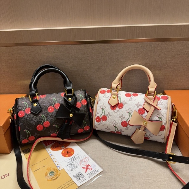 Cherry Print Leather Crossbody Boston Bags