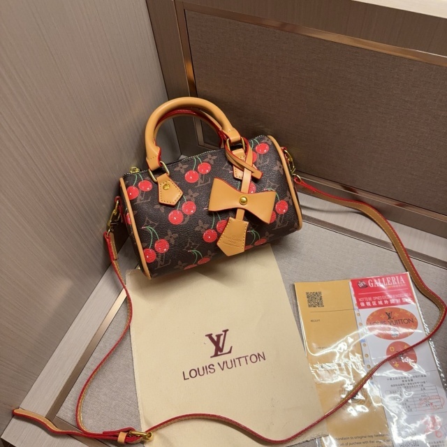Cherry Print Leather Crossbody Boston Bags