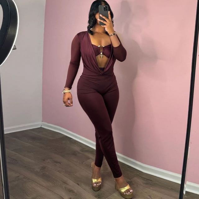 Hollow Out Long Sleeve Skinny Jumpsuit