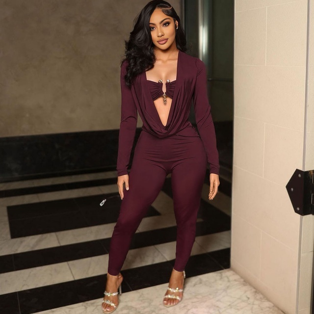 Hollow Out Long Sleeve Skinny Jumpsuit